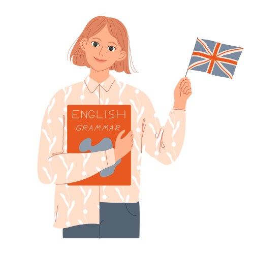 Girl student holds a book and an english flagshe vector image