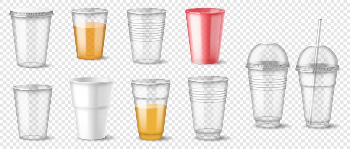 Set of realistic plastic glass empty and full cups vector image