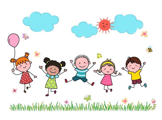 Hand drawn cartoon kids jumping together outdoor vector image