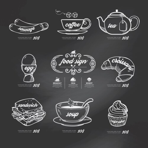 menu icons doodle drawn on chalkboard background vector image