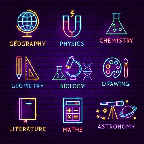 School subject neon label set vector image