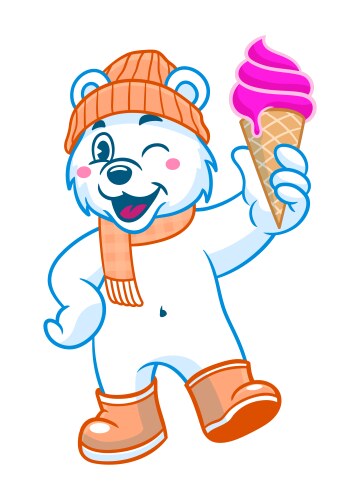 Happy polar bear holding large ice cream mascot vector image