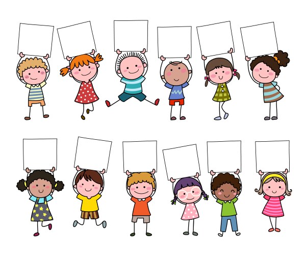 Set hand drawn cartoon kids holding blank sign vector image