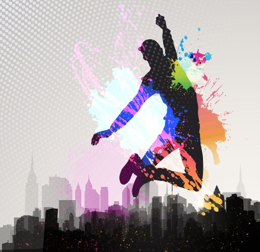 Young man jumping over city vector image