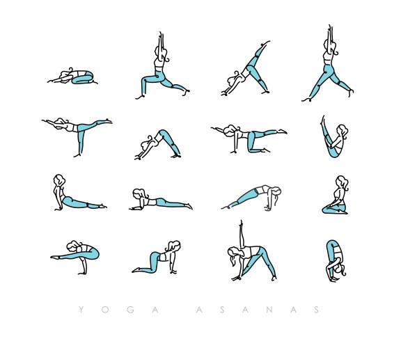 Yoga asanas pen line color vector image