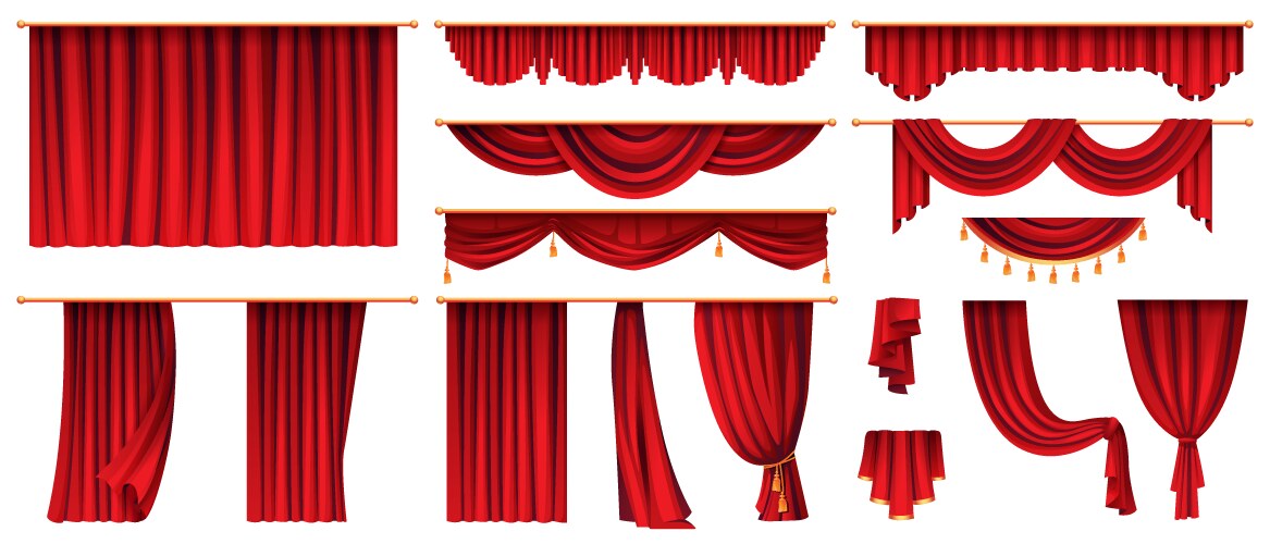 Red velvet curtains theater decorations set icons vector image