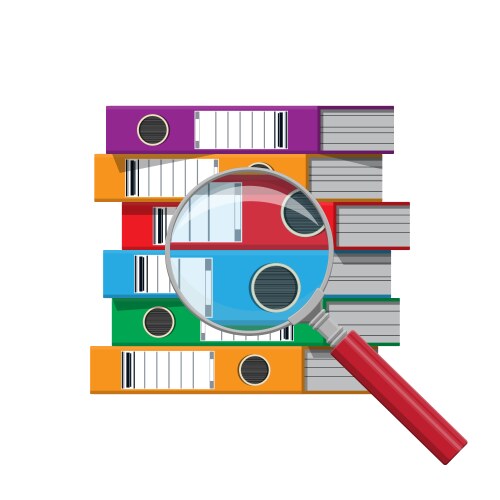 Files in hand ring binders and magnifying glass vector image