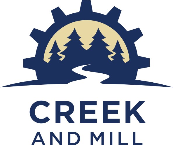 river creek gear mill cog fir pines forest logo vector image