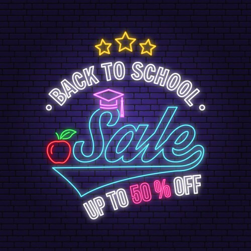 Back to school sale neon design or emblem vector image