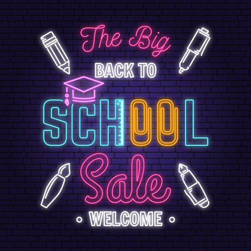 Back to school sale neon design or emblem vector image