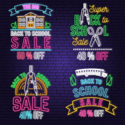 Set back to school sale neon design emblem vector image