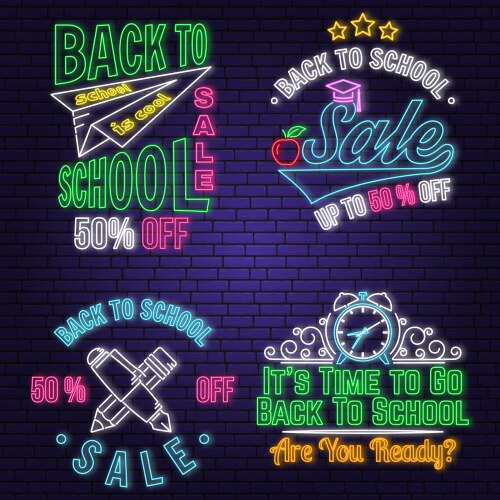 Set back to school sale neon design emblem vector image