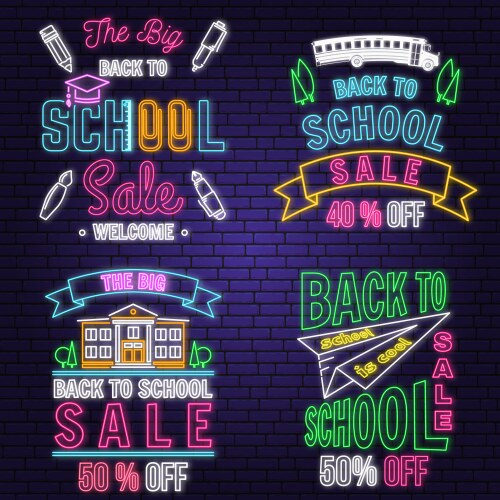 Set back to school sale neon design emblem vector image