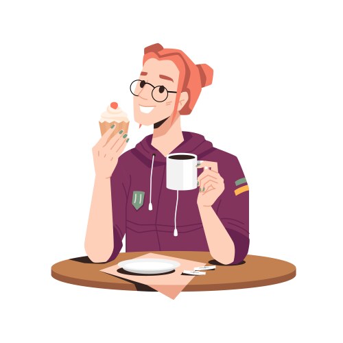 Woman eating cupcake and drinking coffee isolated vector image