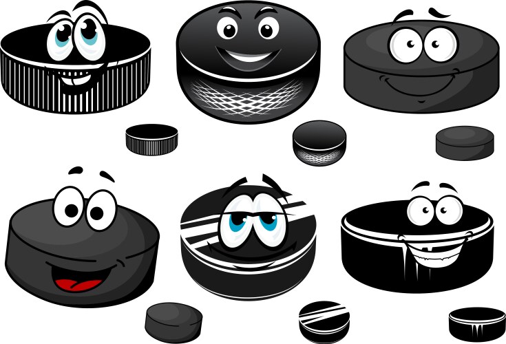 Cartoon black ice hockey pucks characters vector image