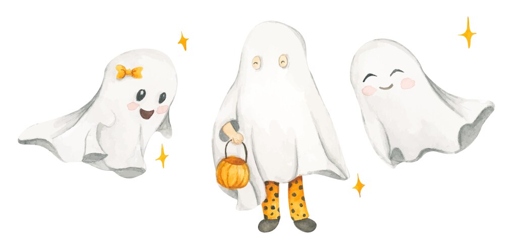 Watercolor set with cute ghosts halloween costume vector image