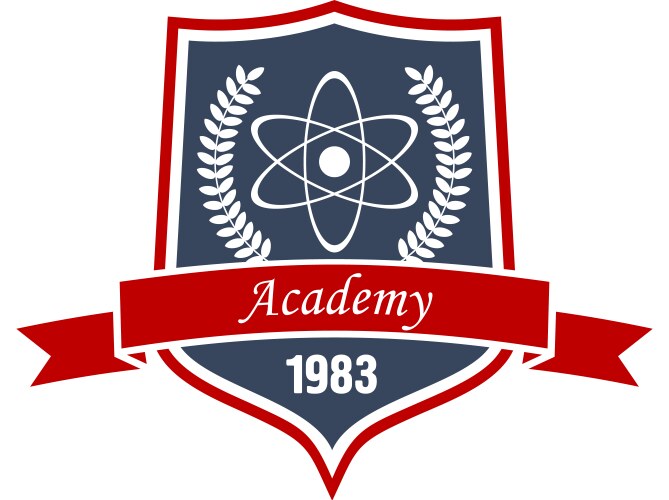 physics academy emblem with shield and atom vector image