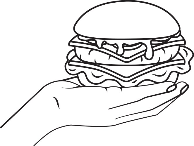 Hand holding hamburger black and white vector image