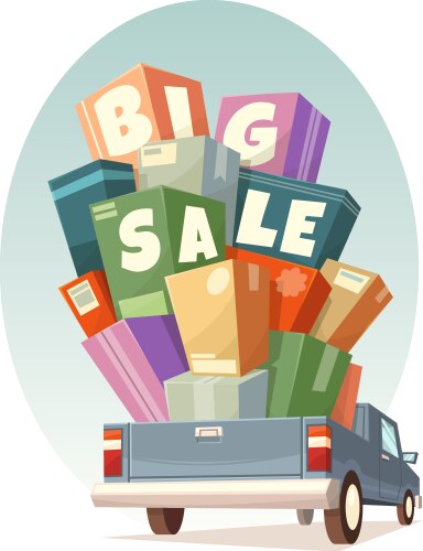 Heap of boxes on pickup with big sale text vector image