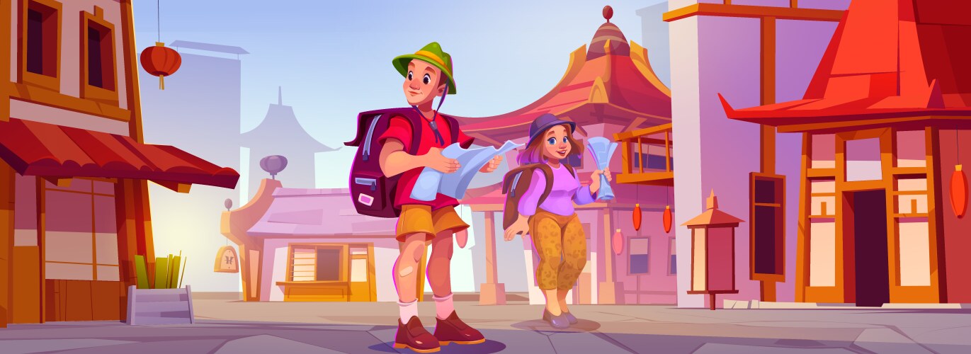 Tourists with maps in chinese city street vector image