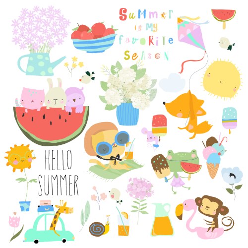 Cute cartoon set with funny animals meeting summer vector image