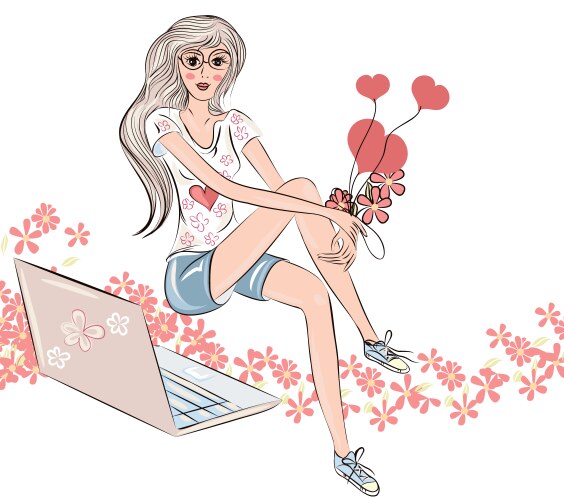 Fashion girl with laptop and flowers vector image