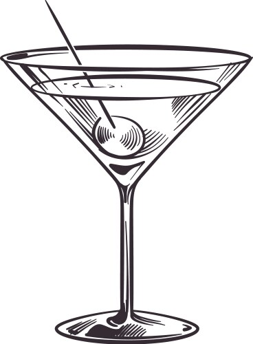 Martini cocktail glass with olive hand drawn vector image