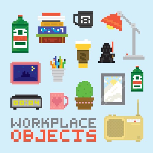 Pixel art isolated office tools set vector image