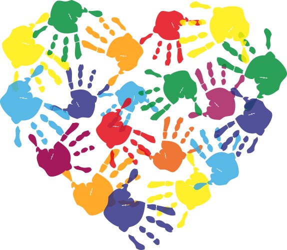 Colorful child hand prints in heart shape vector image