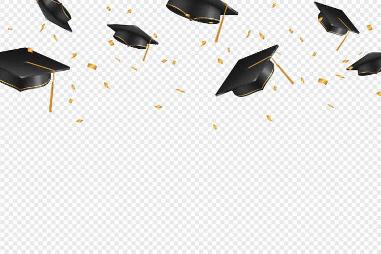 Graduate caps and confetti on a transparent vector image