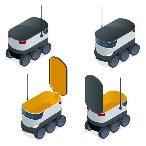 Isometric robots deliver takeout orders it can vector image