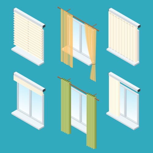 Isometric windows curtains drapery shades vector image