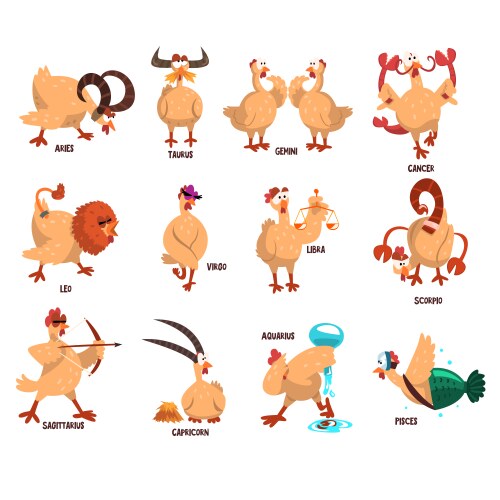 Funny farm chicken showing 12 zodiac signs vector image