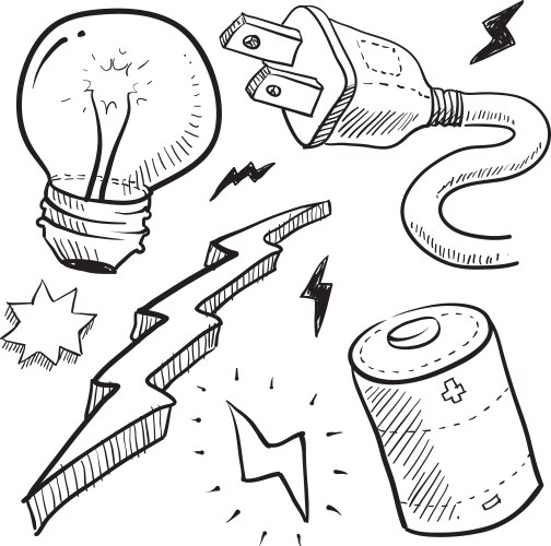 Doodle power electricity lightbulb battery bolt vector image