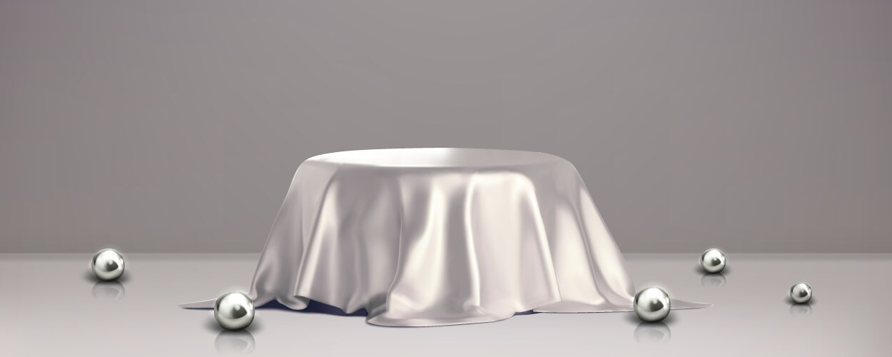 Round podium covered with silver fabric drapery vector image