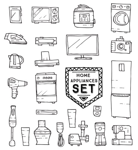 Home appliances doodle set vector image