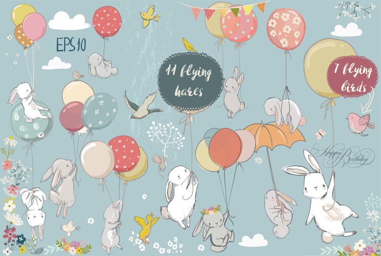 Set with flying hares vector image