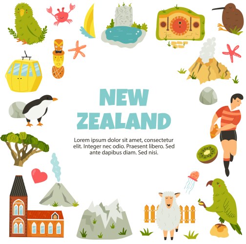 New zealand poster with symbols landmarks vector image