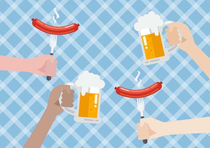 glass of beer and sausage on blue background vector image