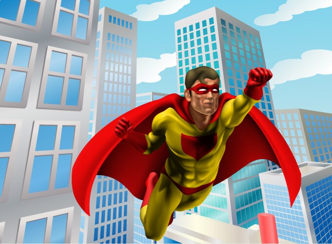 superhero flying through city vector image