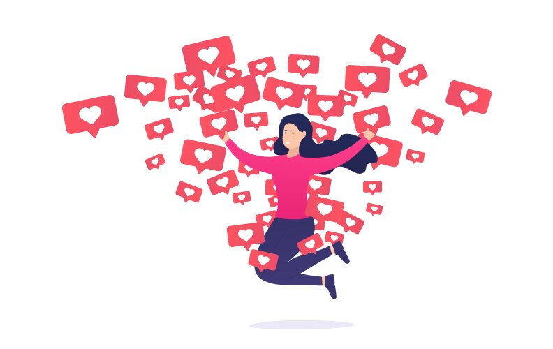 Girl rejoices and jumps from like notifications vector image