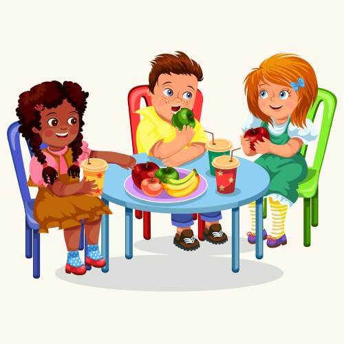 Classmates having lunch in dining room vector image