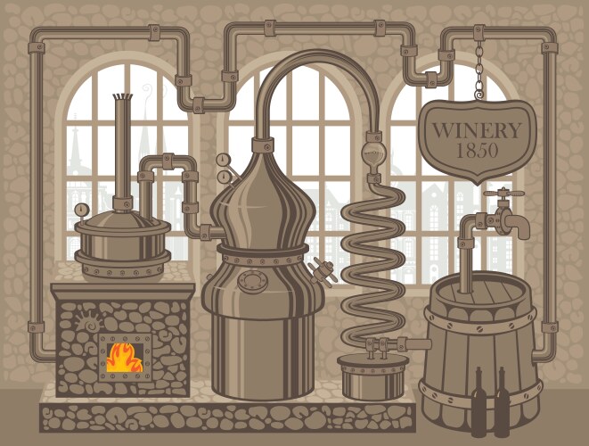 Banner for winery with old winemaking equipment vector image