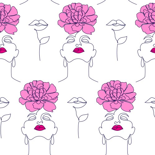 Pattern with women faces and floral lips vector image