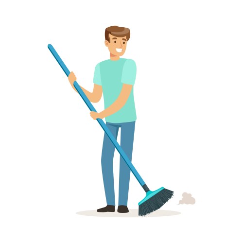 Young smiling man sweeping the floor house vector image