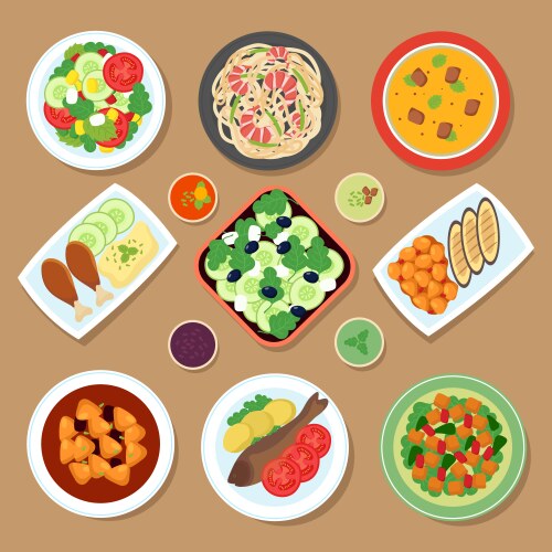 Top view dinner table with european dishes vector image