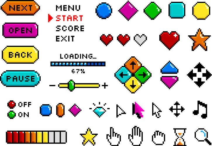 Pixel game button 8-bit art collection for games vector image