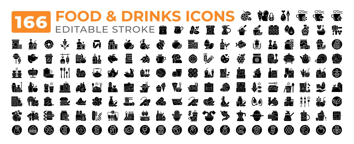 Food and drinks glyphs icons big set vector image