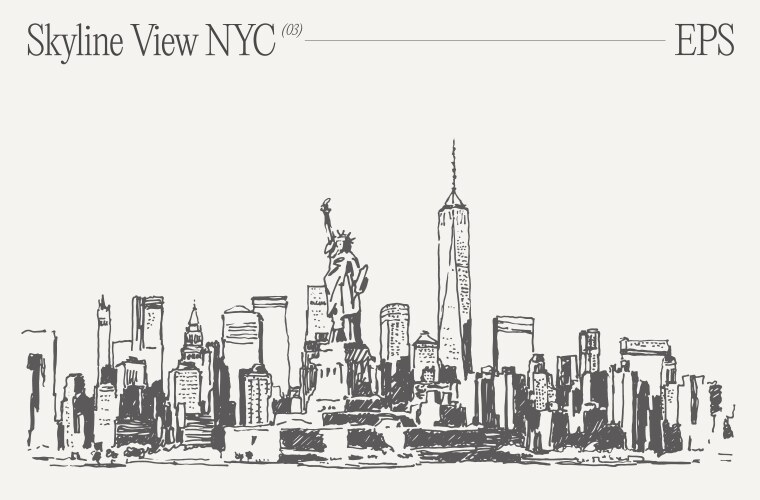 A drawing of nyc skyline with statue liberty vektorbild