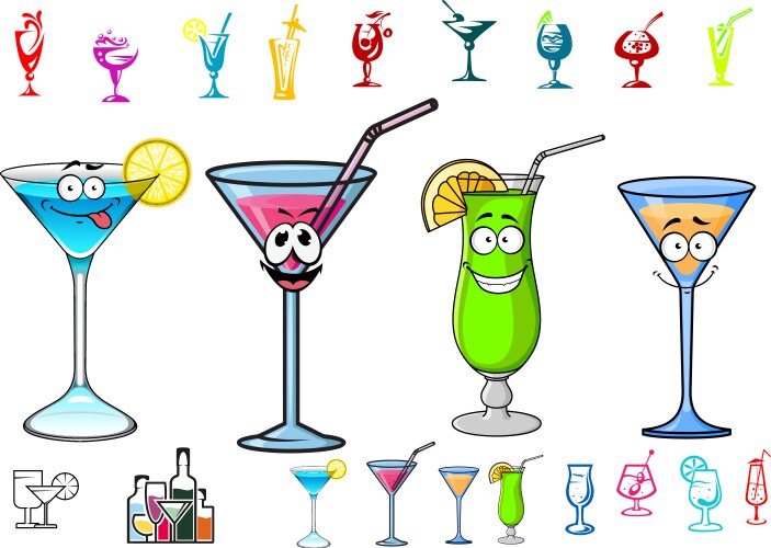 Happy cartoon cocktails with straws characters vector image